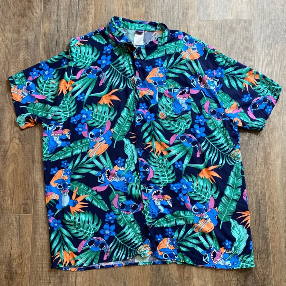 Disney Lilo & Stitch Mens XXL Tropical Surfing Button Down Rayon Shirt Navy Blue